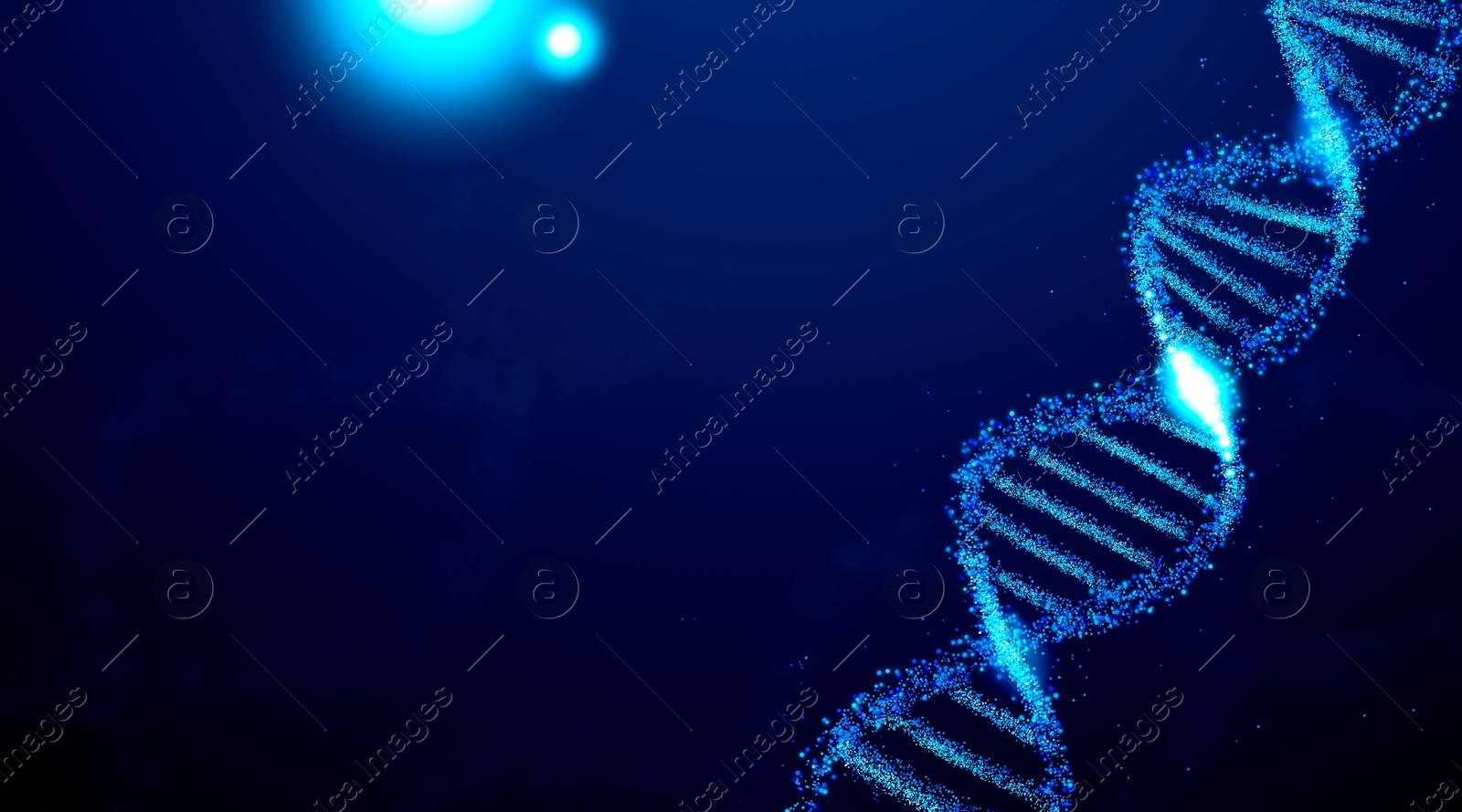 Image of DNA double helix structure on dark blue background, illustration. Banner design with space for text. Science of genetics