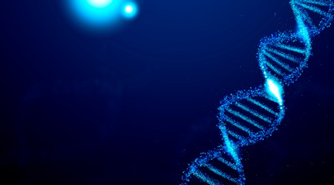 Image of DNA double helix structure on dark blue background, illustration. Banner design with space for text. Science of genetics