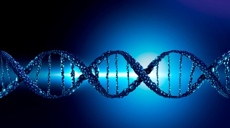 Image of DNA double helix structure on dark background with light, illustration. Banner design. Science of genetics