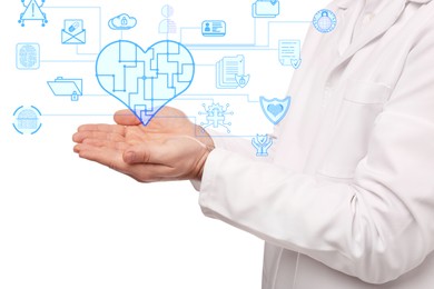 Image of Medical privacy and confidentiality. Doctor holding virtual scheme with different icons on white background, closeup