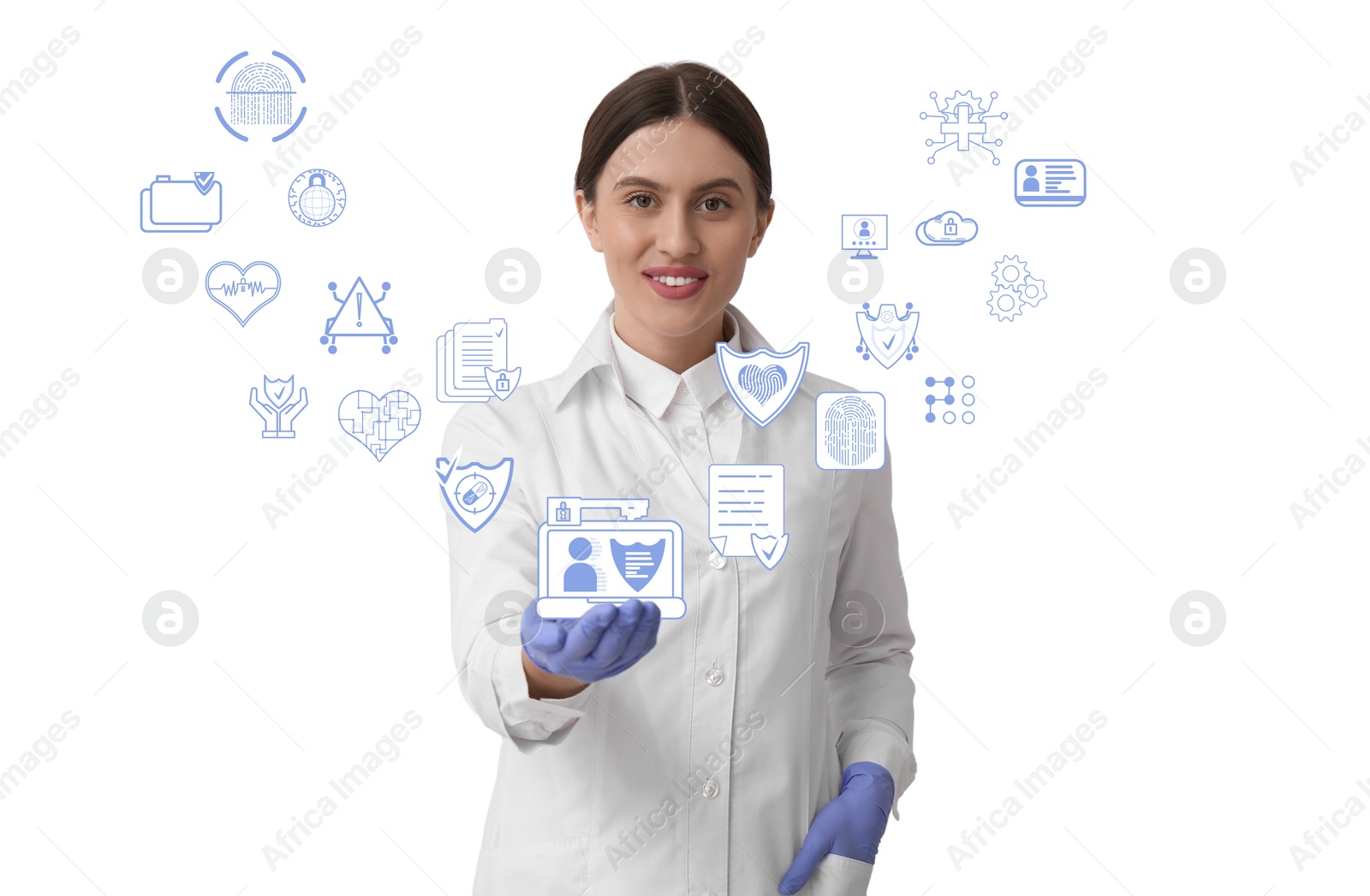 Image of Medical privacy and confidentiality. Doctor with different icons coming out of her hand on white background