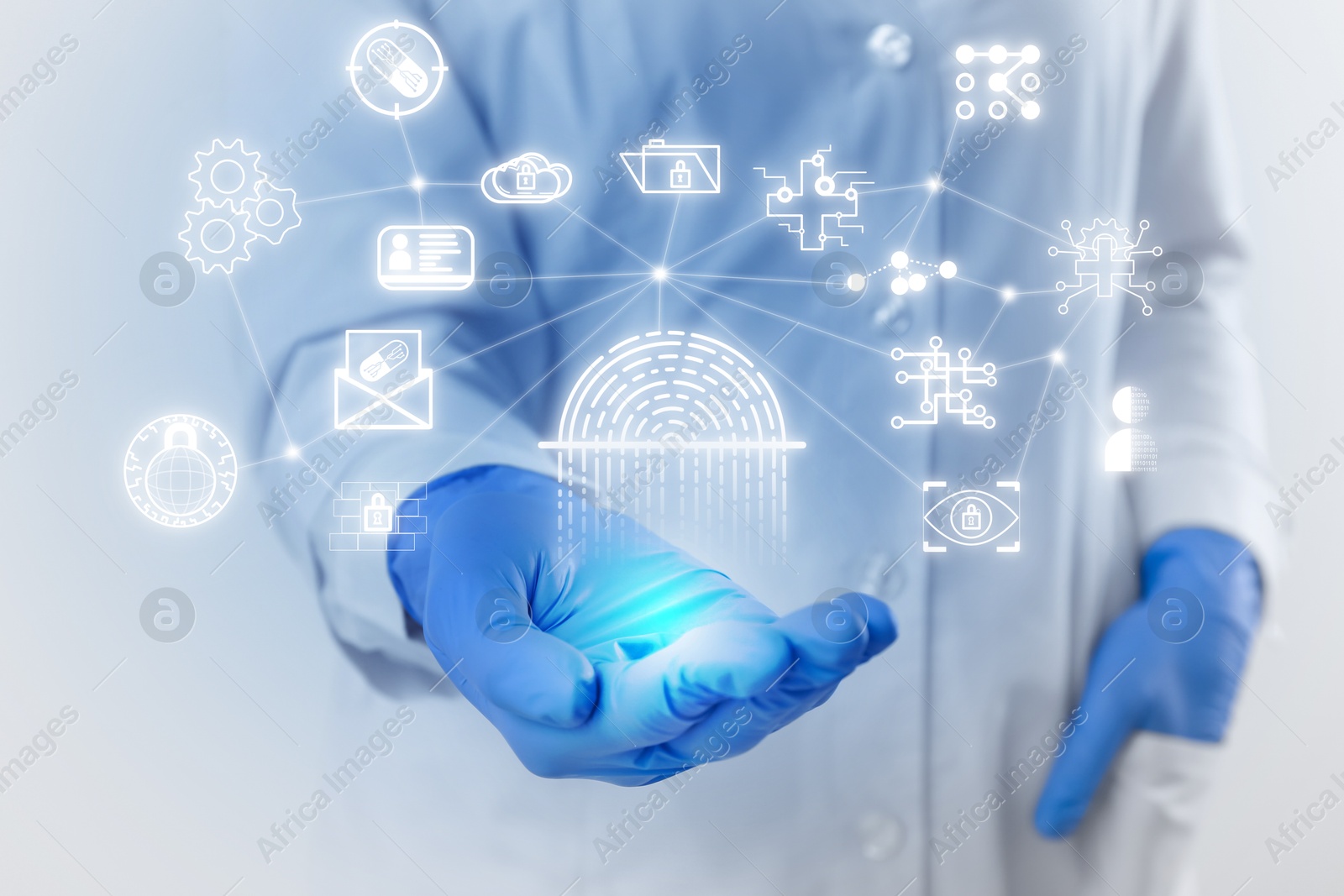 Image of Medical privacy and confidentiality. Doctor holding virtual scheme with different icons on light background, closeup