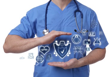 Image of Medical privacy and confidentiality. Doctor and different icons on white background, closeup