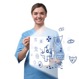 Image of Medical privacy and confidentiality. Doctor holding tablet with different icons coming out of device on white background, closeup