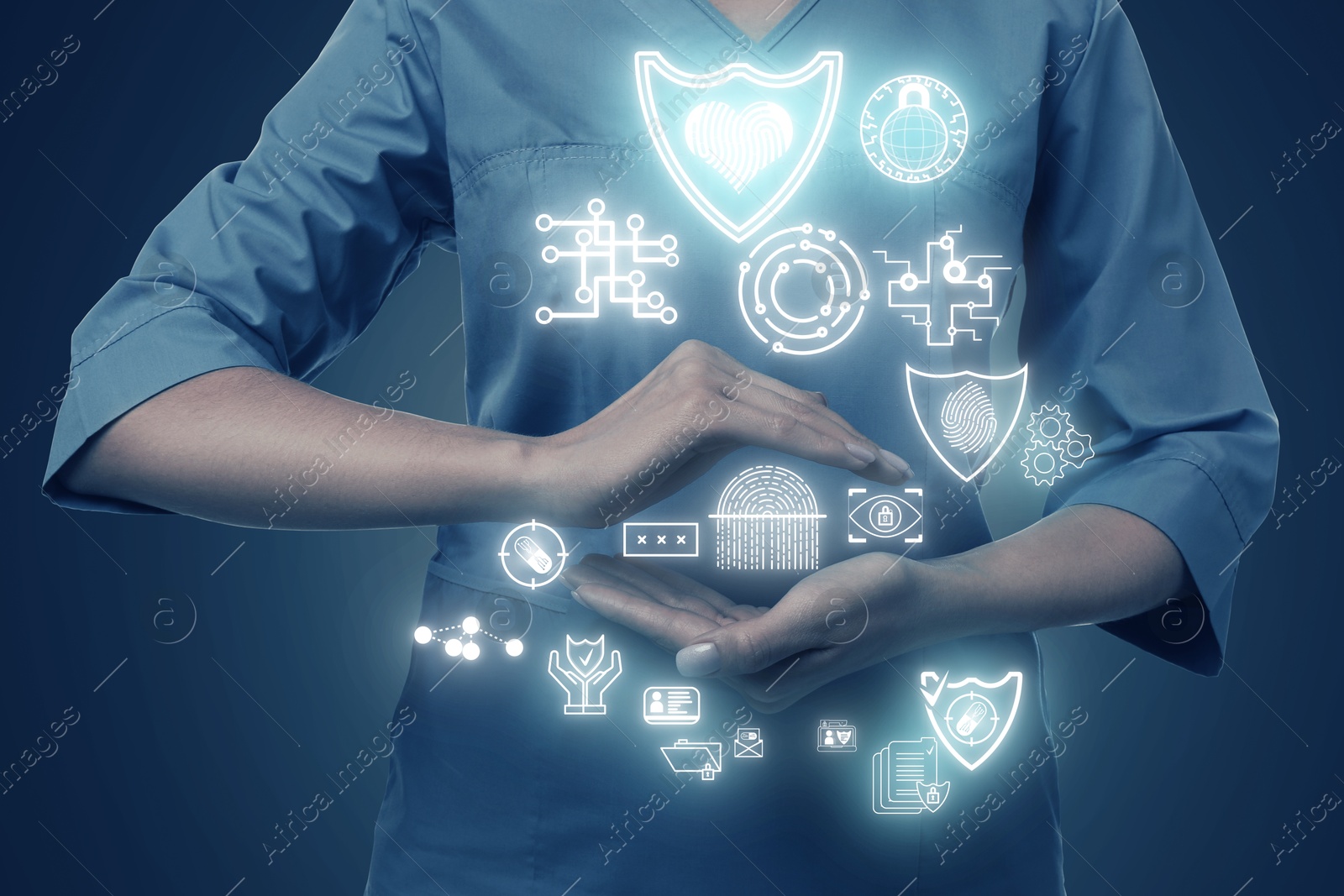 Image of Medical privacy and confidentiality. Doctor and different icons on blue background, closeup