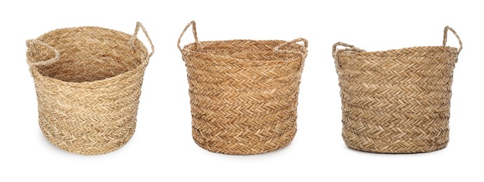 Image of Wicker basket with handles isolated on white, collage