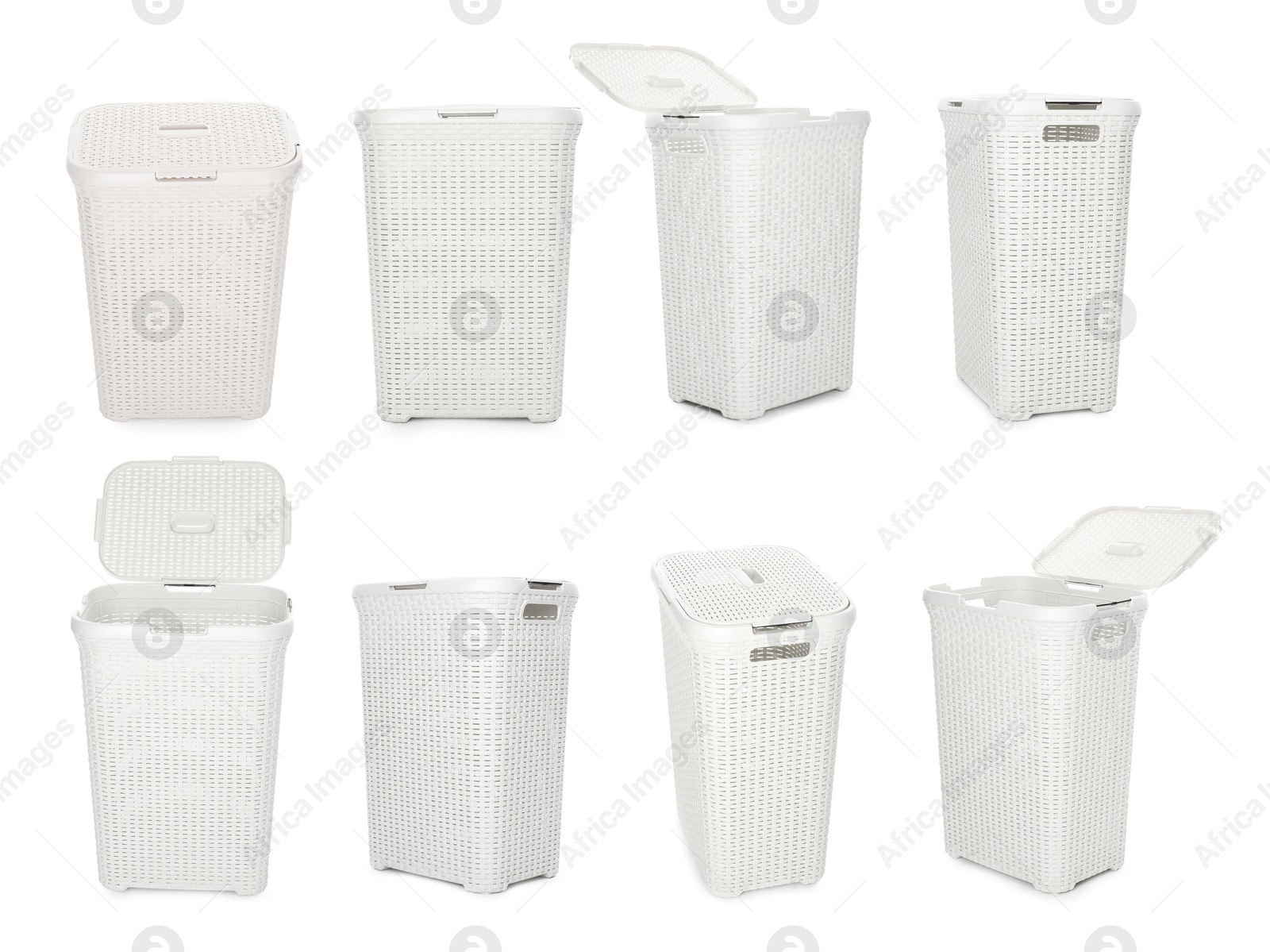 Image of Wicker laundry basket isolated on white, collage