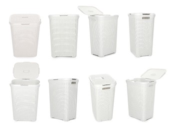 Image of Wicker laundry basket isolated on white, collage