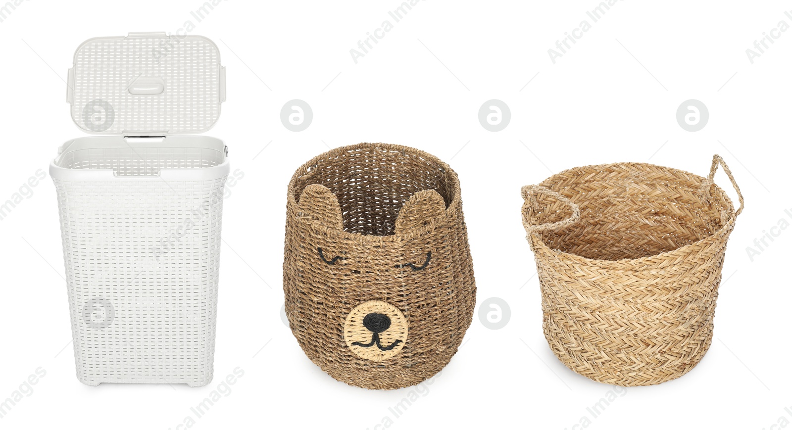 Image of Different wicker baskets isolated on white, set