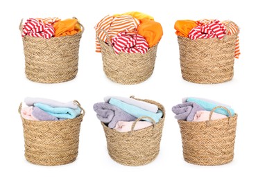 Image of Wicker basket with laundry isolated on white, collage