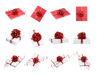 Image of Books decorated with red bows isolated on white. Nice holiday gift