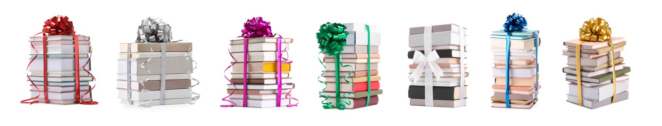 Image of Stacked books decorated with bows isolated on white. Nice holiday gift