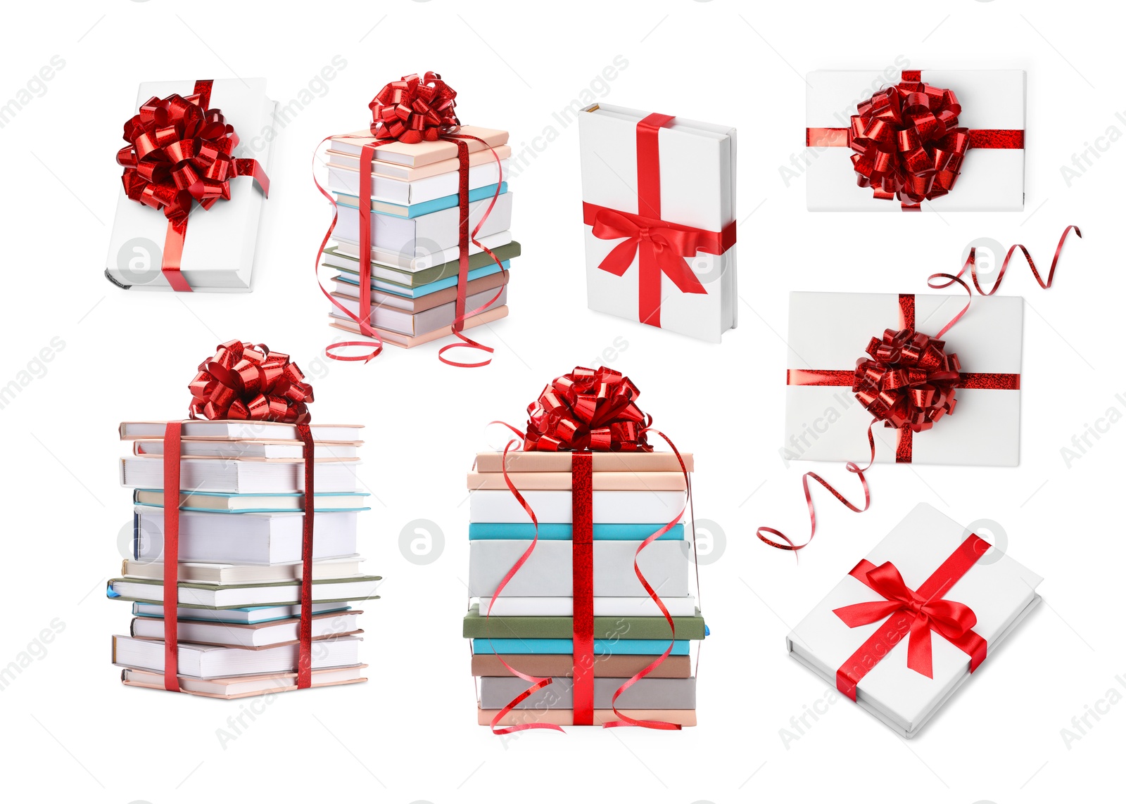 Image of Books decorated with red bows isolated on white. Nice holiday gift