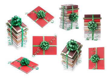 Image of Books decorated with green bows isolated on white. Nice holiday gift