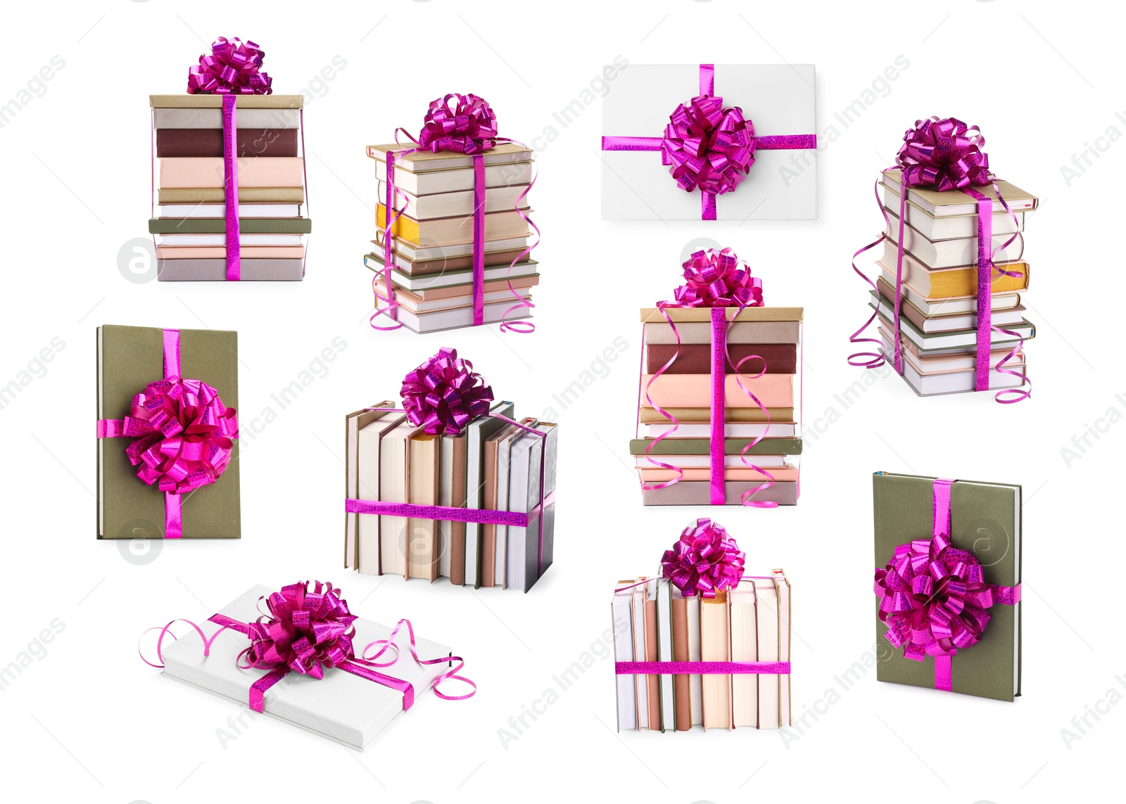 Image of Books decorated with magenta color bows isolated on white. Nice holiday gift