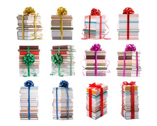 Image of Stacked books decorated with bows isolated on white. Nice holiday gift