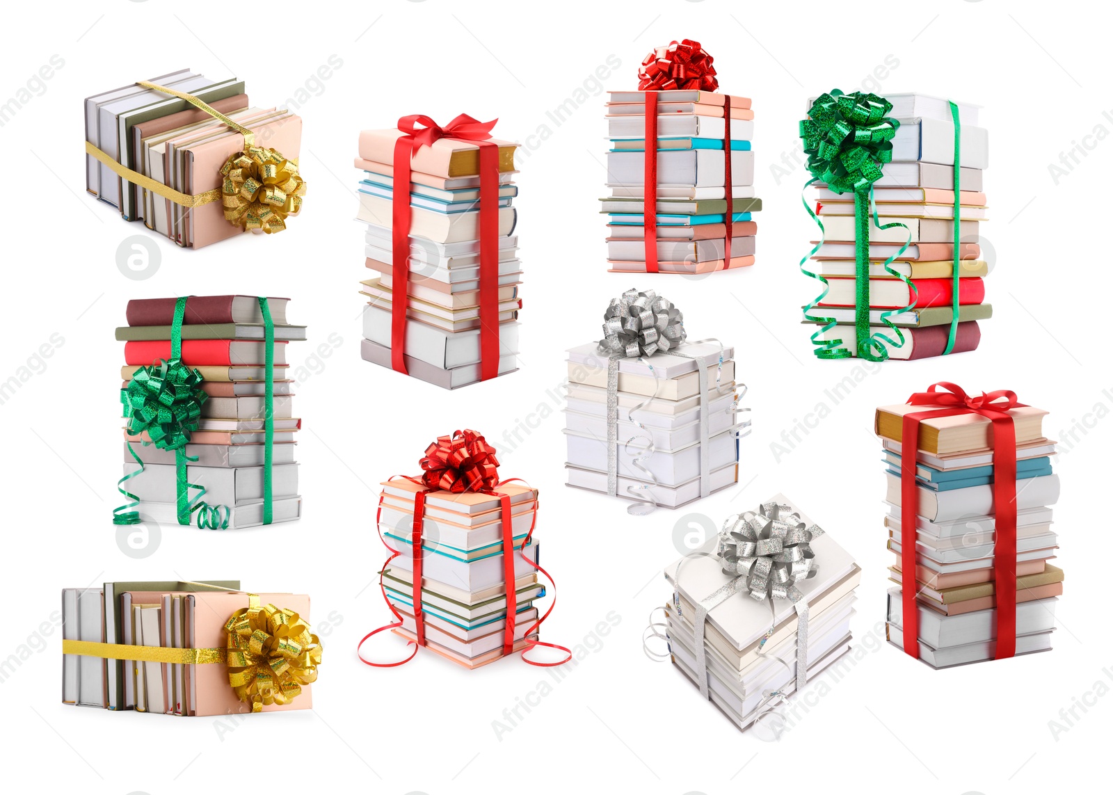 Image of Stacked books decorated with bows isolated on white. Nice holiday gift