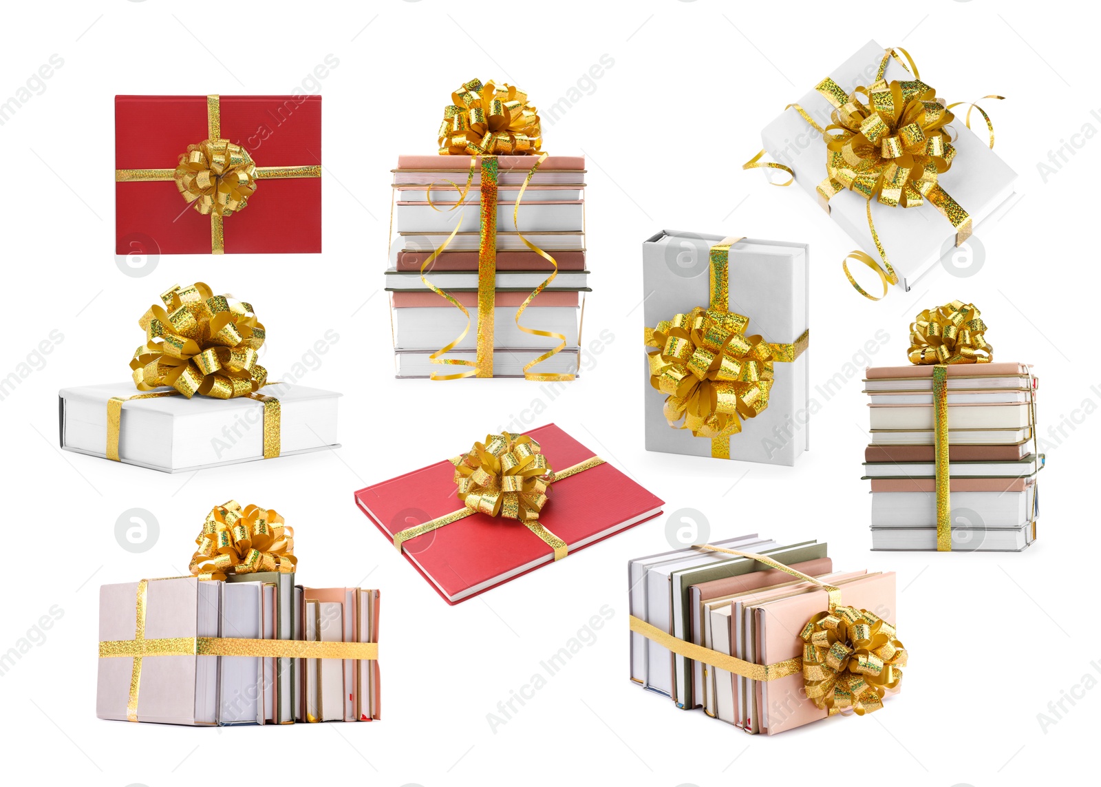 Image of Books decorated with golden color bows isolated on white. Nice holiday gift