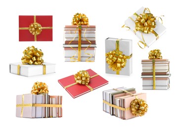 Image of Books decorated with golden color bows isolated on white. Nice holiday gift