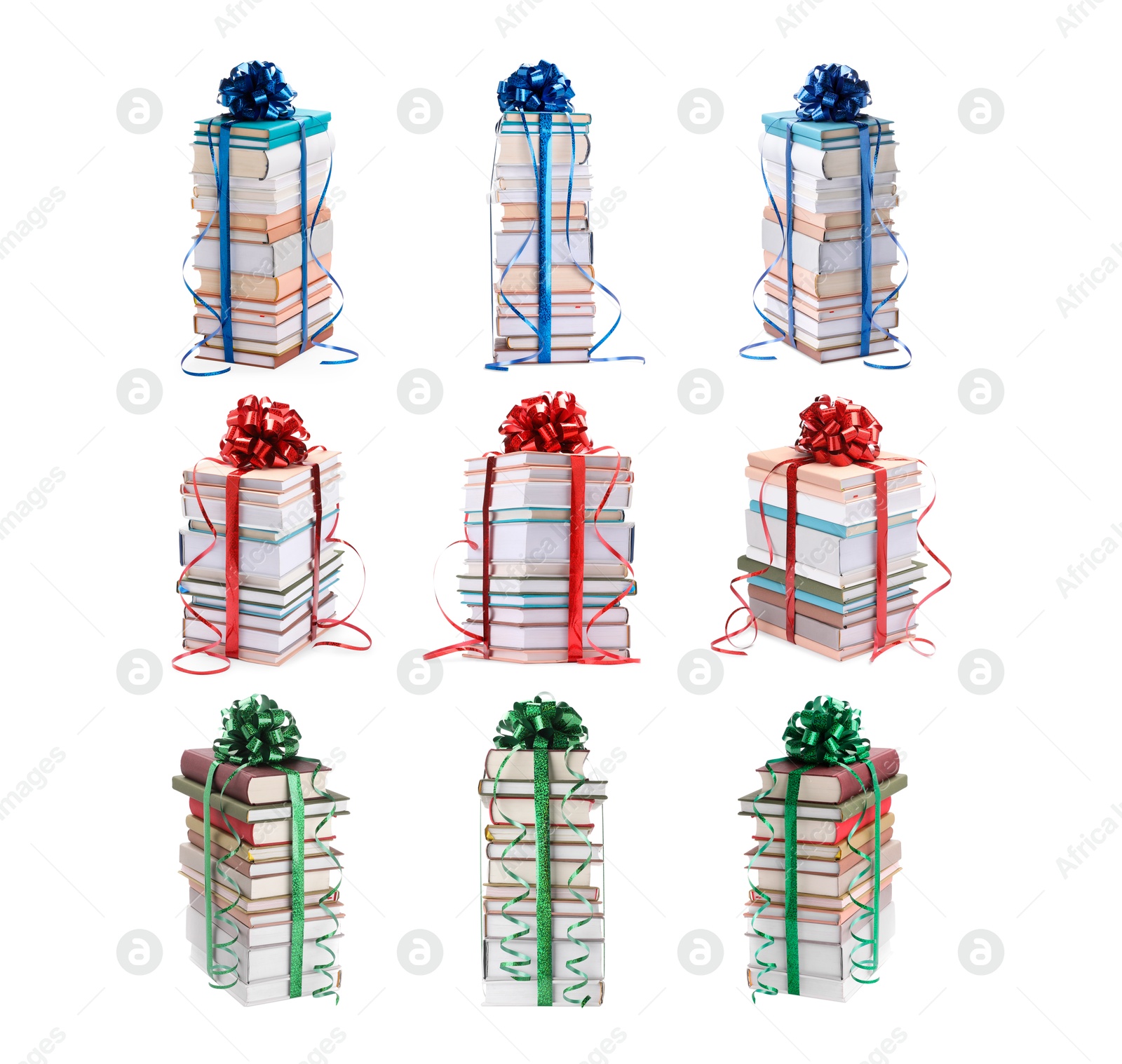 Image of Stacked books decorated with bows isolated on white. Nice holiday gift