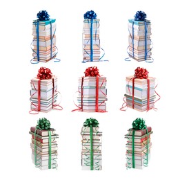 Image of Stacked books decorated with bows isolated on white. Nice holiday gift