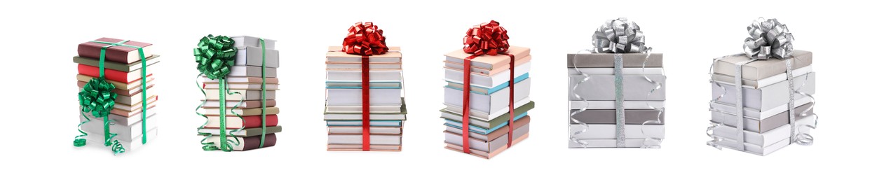 Image of Stacked books decorated with bows isolated on white. Nice holiday gift