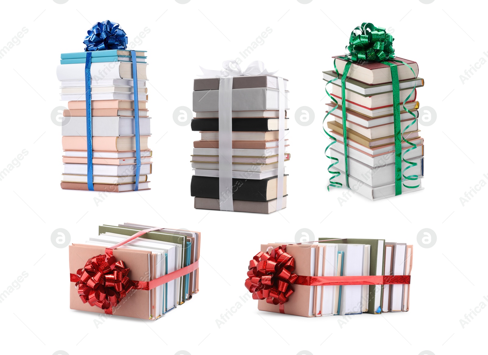 Image of Stacked books decorated with bows isolated on white. Nice holiday gift