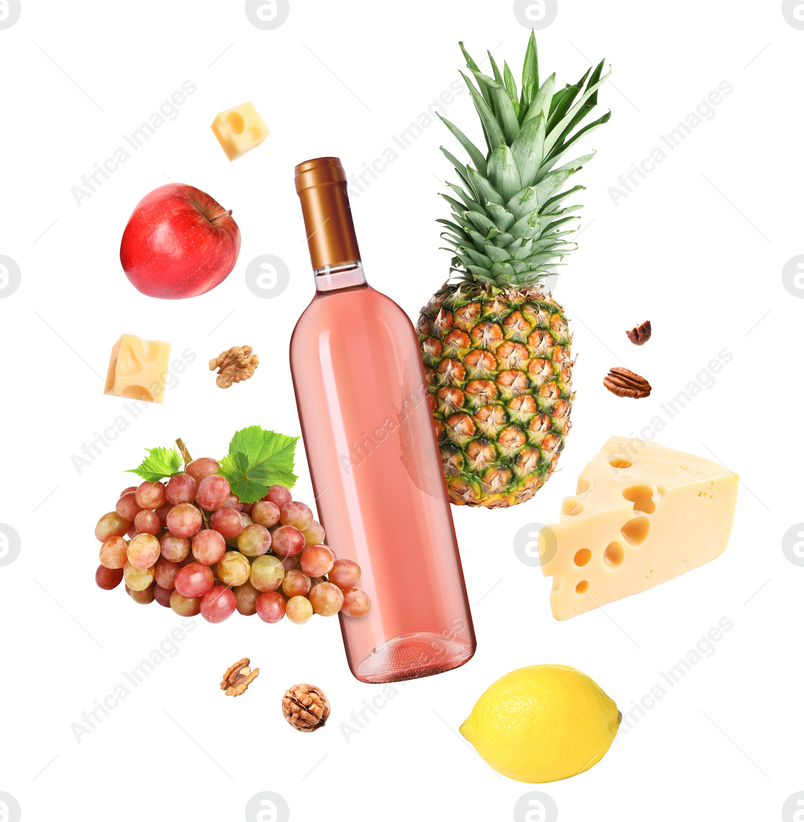 Image of Different products in air on white background