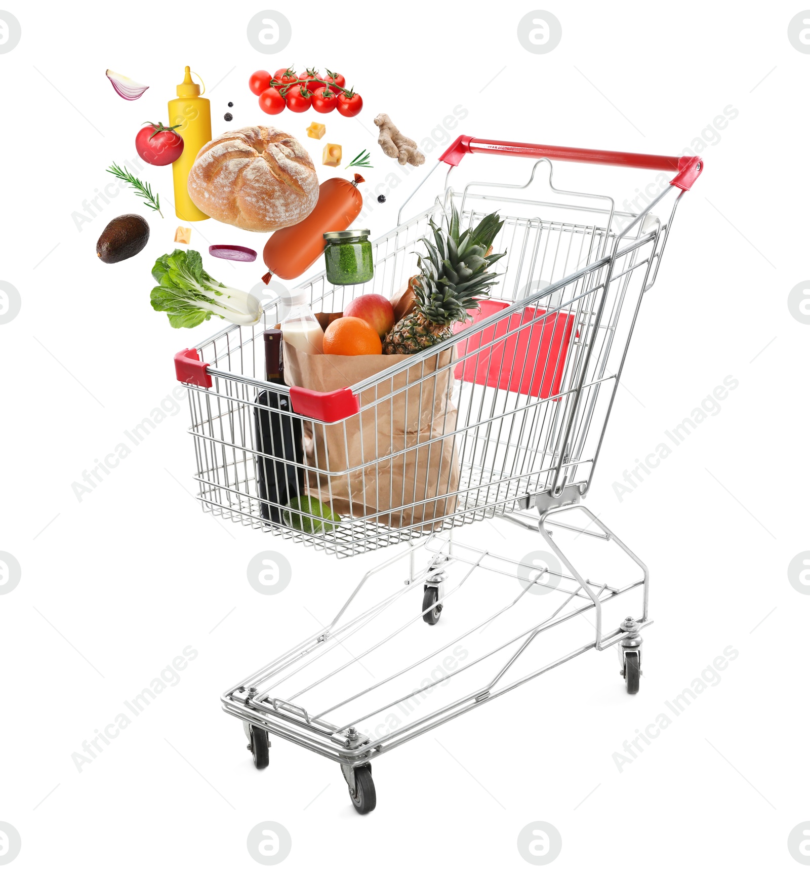 Image of Groceries falling into shopping cart on white background