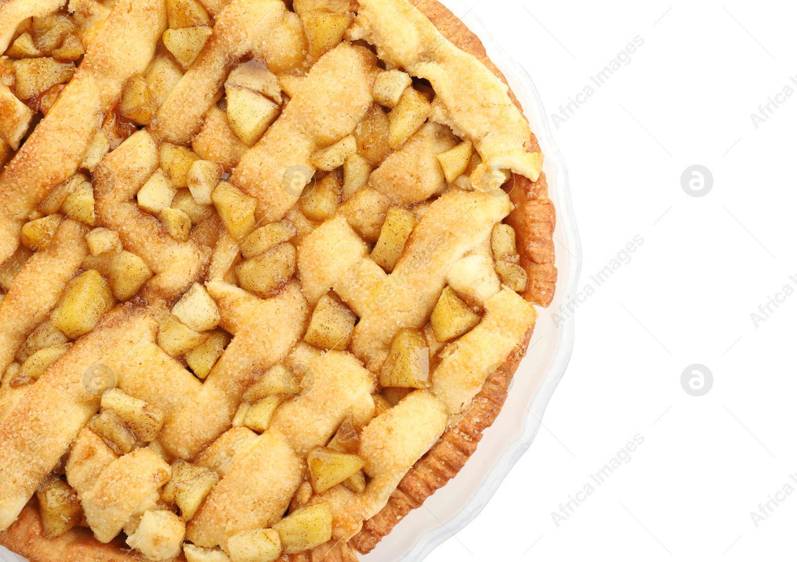 Photo of One tasty homemade apple pie isolated on white, top view