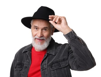 Photo of Portrait of bearded senior man in stylish hat on white background