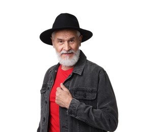 Photo of Portrait of bearded senior man in stylish hat on white background