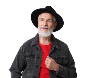 Photo of Portrait of bearded senior man in stylish hat on white background