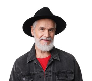 Photo of Portrait of bearded senior man in stylish hat on white background