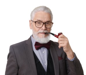 Photo of Portrait of elegant bearded gentleman with tobacco pipe on white background