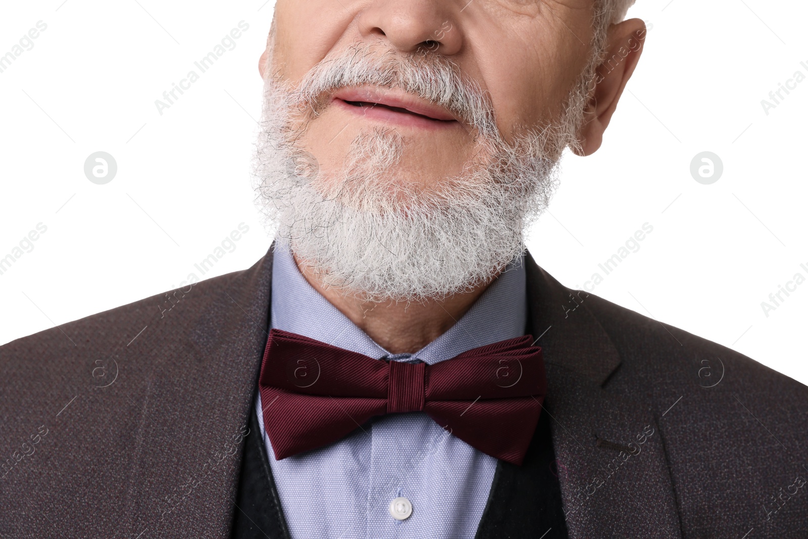 Photo of Senior man with gray beard on white background, closeup