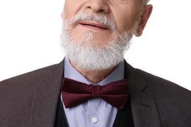 Senior man with gray beard on white background, closeup