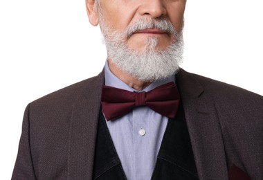 Senior man with gray beard on white background, closeup