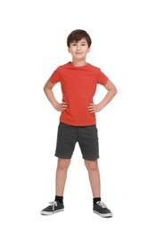 Photo of Boy doing exercise on white background. Sport activity