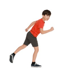 Boy doing exercise on white background. Sport activity