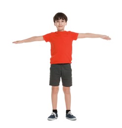 Photo of Boy doing exercise on white background. Sport activity