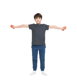 Photo of Boy doing exercise with dumbbells on white background. Sport activity