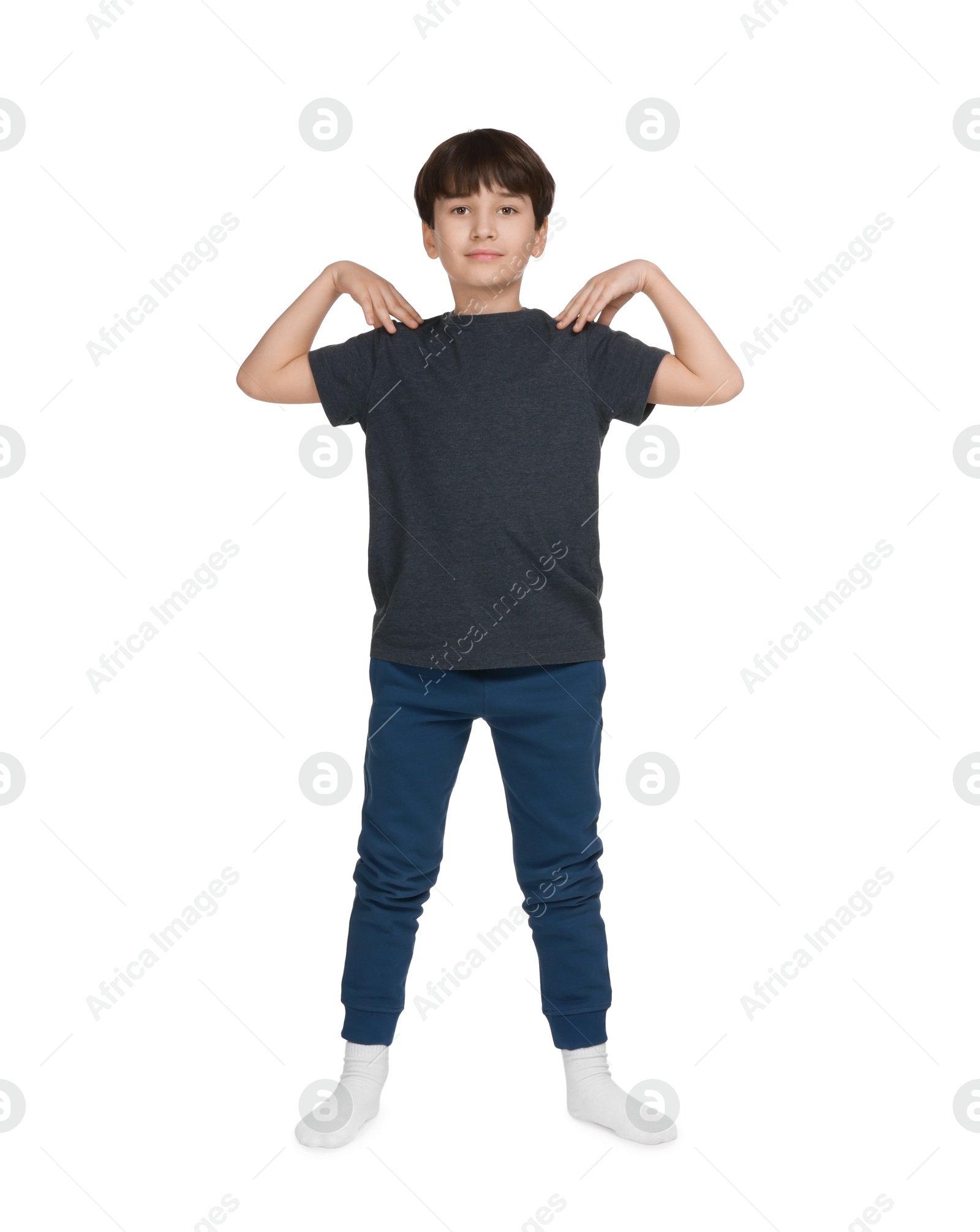 Photo of Boy doing exercise on white background. Sport activity