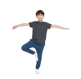 Photo of Boy doing exercise on white background. Sport activity