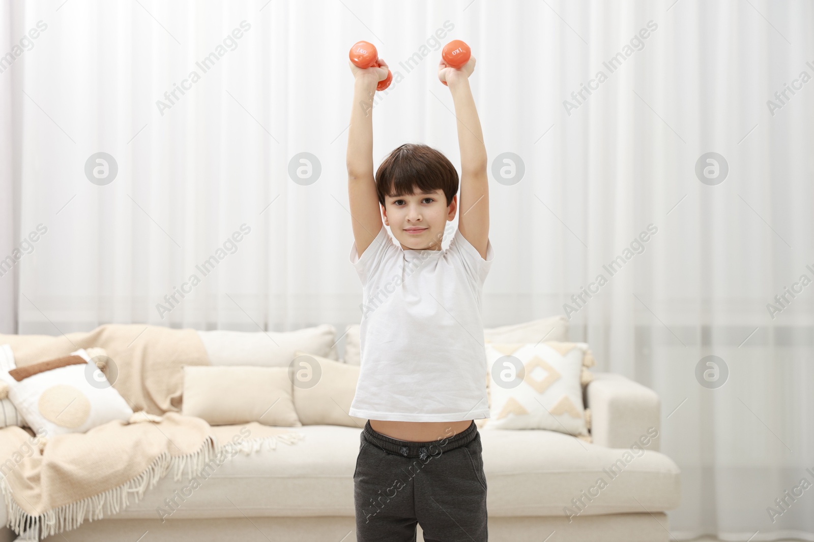 Photo of Boy training with dumbbells at home. Sport activity