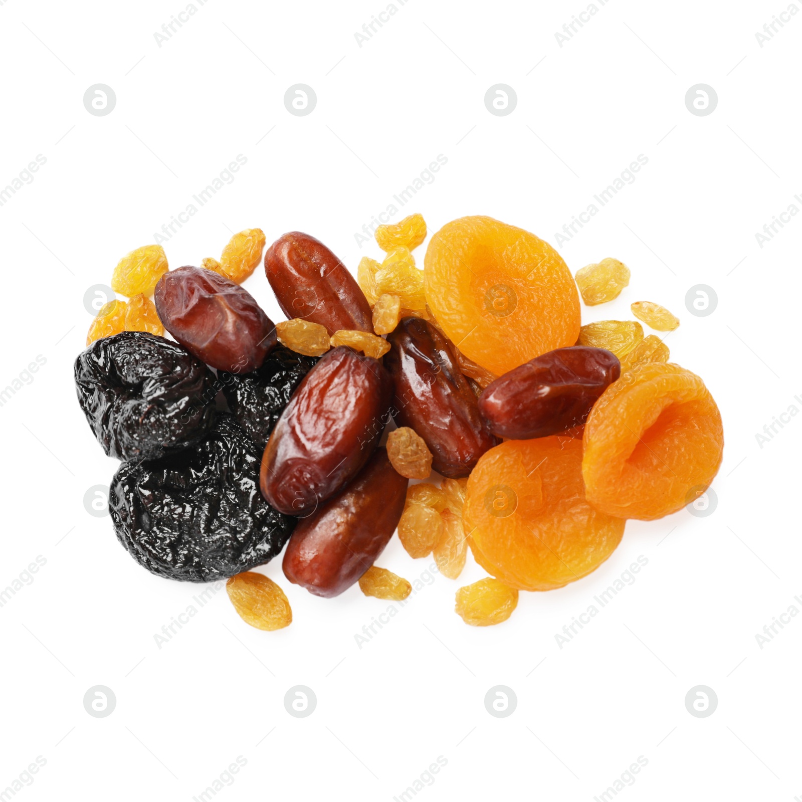 Photo of Mix of different dried fruits isolated on white, top view