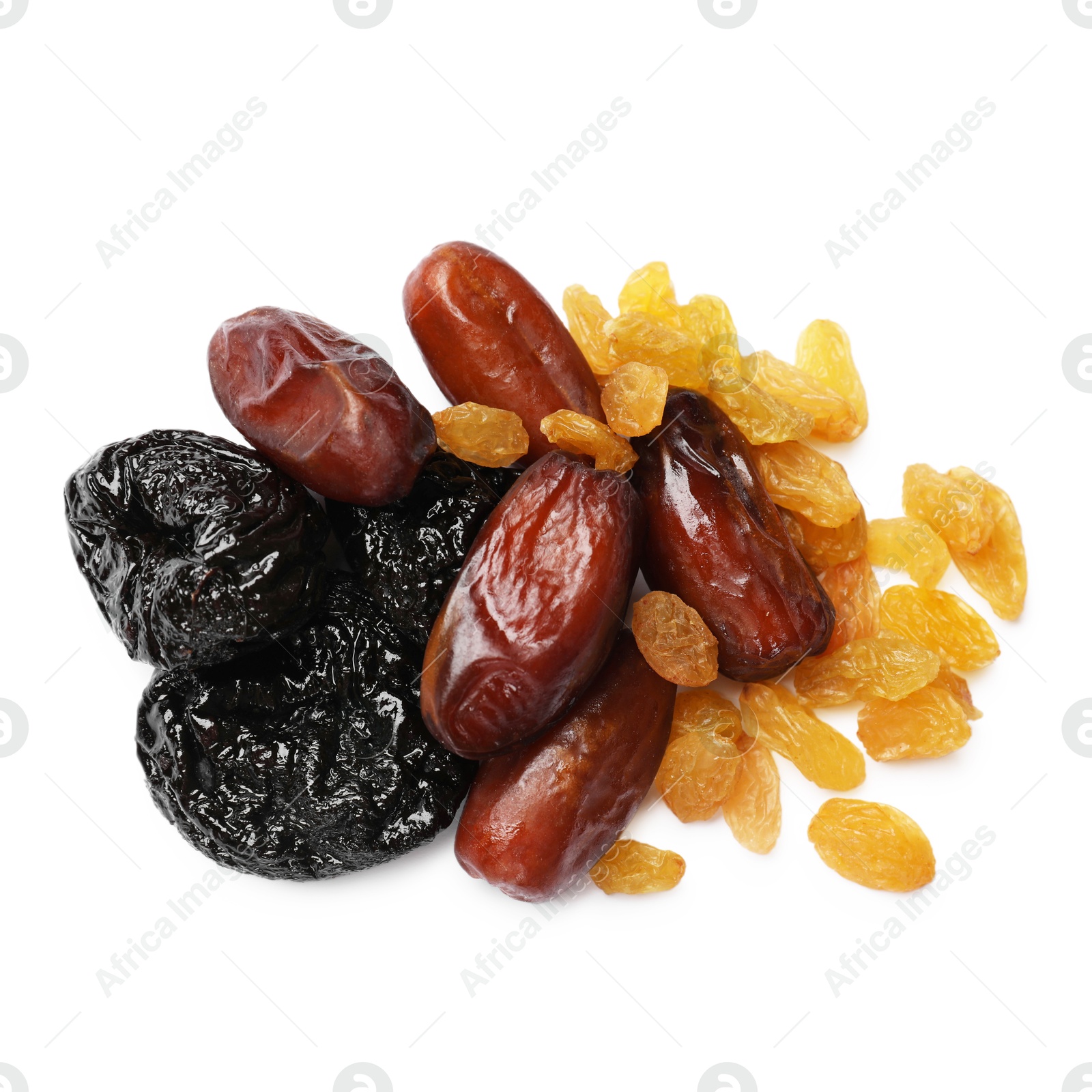 Photo of Mix of different dried fruits isolated on white, top view