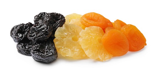 Photo of Mix of different dried fruits isolated on white