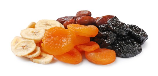 Photo of Mix of different dried fruits isolated on white