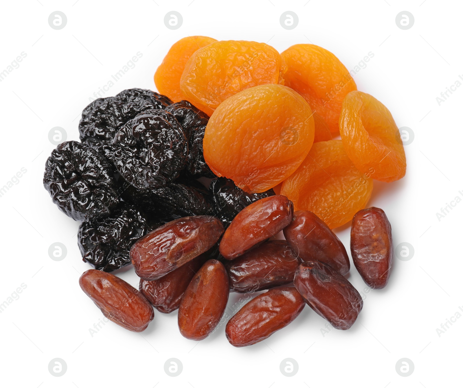 Photo of Mix of different dried fruits isolated on white, top view